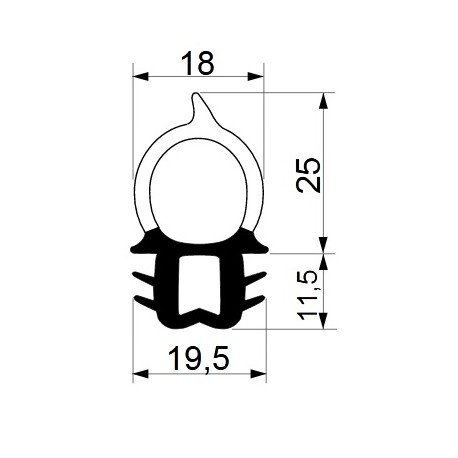 Tractor cab seal with sealing profile 25 mm and clamp profile 11,5 mm.